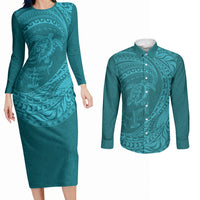 Hawaiian Turtle and Shark Couples Matching Long Sleeve Bodycon Dress and Long Sleeve Button Shirt Kakau Tribal with Polynesian Pattern Turquoise Color LT03 Turquoise - Polynesian Pride