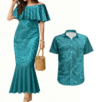 Hawaiian Turtle and Shark Couples Matching Mermaid Dress and Hawaiian Shirt Kakau Tribal with Polynesian Pattern Turquoise Color LT03 Turquoise - Polynesian Pride