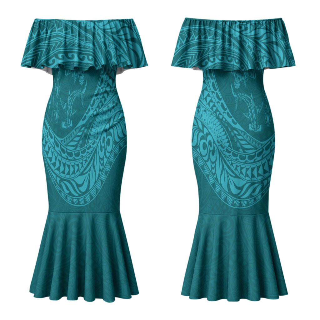 Hawaiian Turtle and Shark Couples Matching Mermaid Dress and Hawaiian Shirt Kakau Tribal with Polynesian Pattern Turquoise Color LT03 - Polynesian Pride