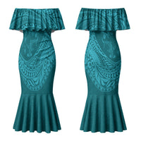 Hawaiian Turtle and Shark Couples Matching Mermaid Dress and Long Sleeve Button Shirt Kakau Tribal with Polynesian Pattern Turquoise Color LT03 - Polynesian Pride