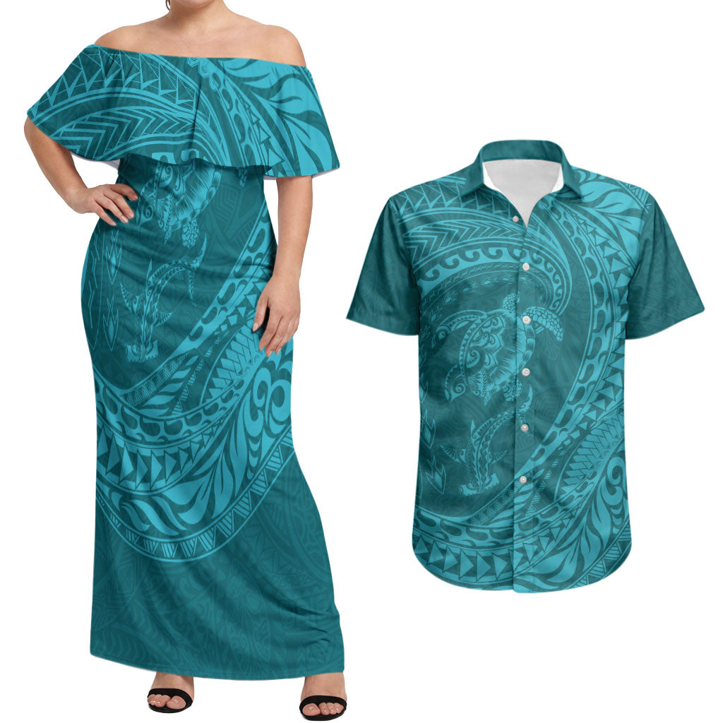 Hawaiian Turtle and Shark Couples Matching Off Shoulder Maxi Dress and Hawaiian Shirt Kakau Tribal with Polynesian Pattern Turquoise Color LT03 Turquoise - Polynesian Pride
