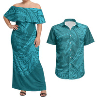 Hawaiian Turtle and Shark Couples Matching Off Shoulder Maxi Dress and Hawaiian Shirt Kakau Tribal with Polynesian Pattern Turquoise Color LT03 Turquoise - Polynesian Pride