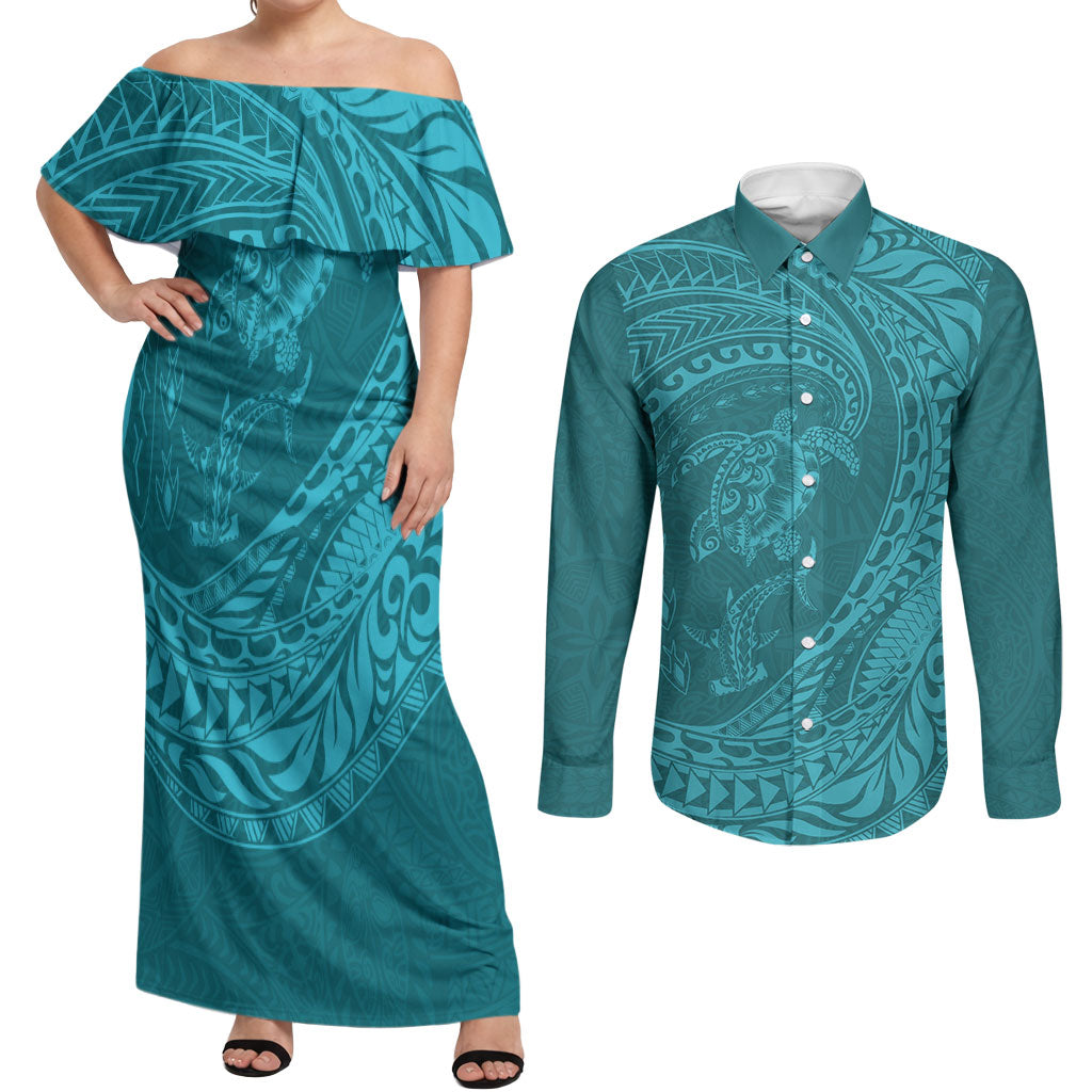Hawaiian Turtle and Shark Couples Matching Off Shoulder Maxi Dress and Long Sleeve Button Shirt Kakau Tribal with Polynesian Pattern Turquoise Color LT03 Turquoise - Polynesian Pride