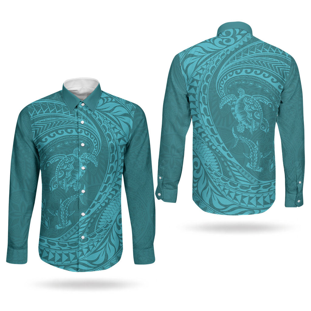 Hawaiian Turtle and Shark Couples Matching Off Shoulder Maxi Dress and Long Sleeve Button Shirt Kakau Tribal with Polynesian Pattern Turquoise Color LT03 - Polynesian Pride