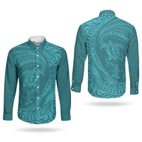 Hawaiian Turtle and Shark Couples Matching Off Shoulder Maxi Dress and Long Sleeve Button Shirt Kakau Tribal with Polynesian Pattern Turquoise Color LT03 - Polynesian Pride
