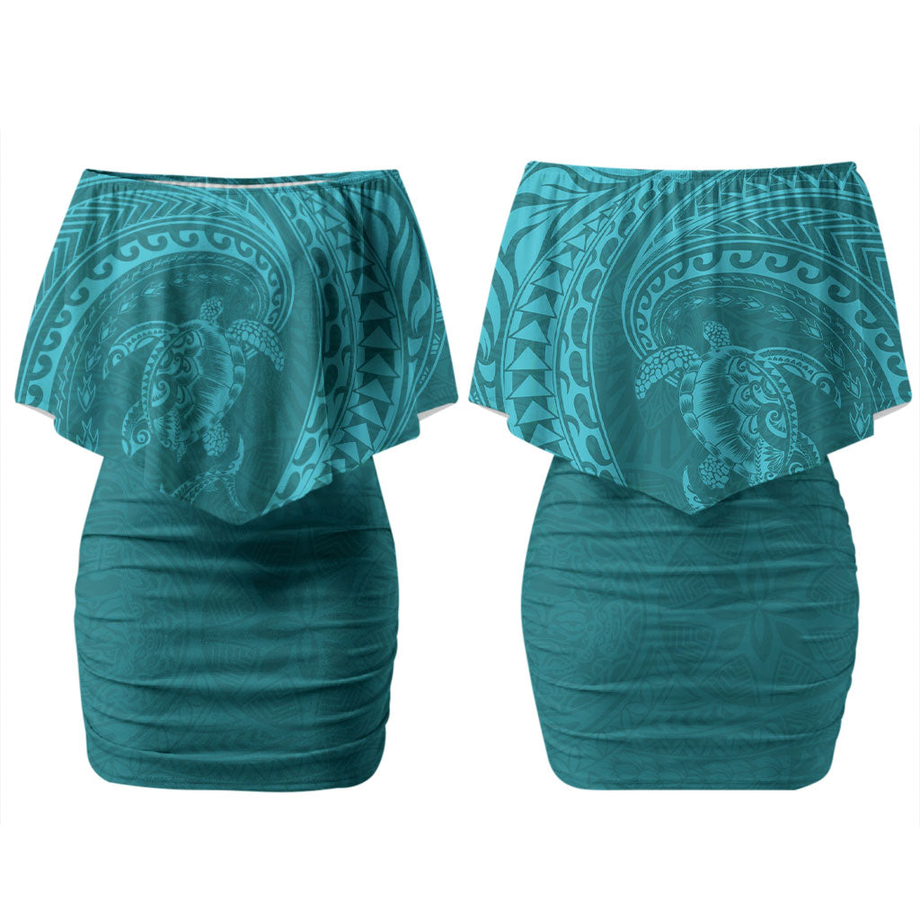 Hawaiian Turtle and Shark Couples Matching Off Shoulder Short Dress and Long Sleeve Button Shirt Kakau Tribal with Polynesian Pattern Turquoise Color LT03 - Polynesian Pride