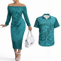 Hawaiian Turtle and Shark Couples Matching Off The Shoulder Long Sleeve Dress and Hawaiian Shirt Kakau Tribal with Polynesian Pattern Turquoise Color LT03 Turquoise - Polynesian Pride
