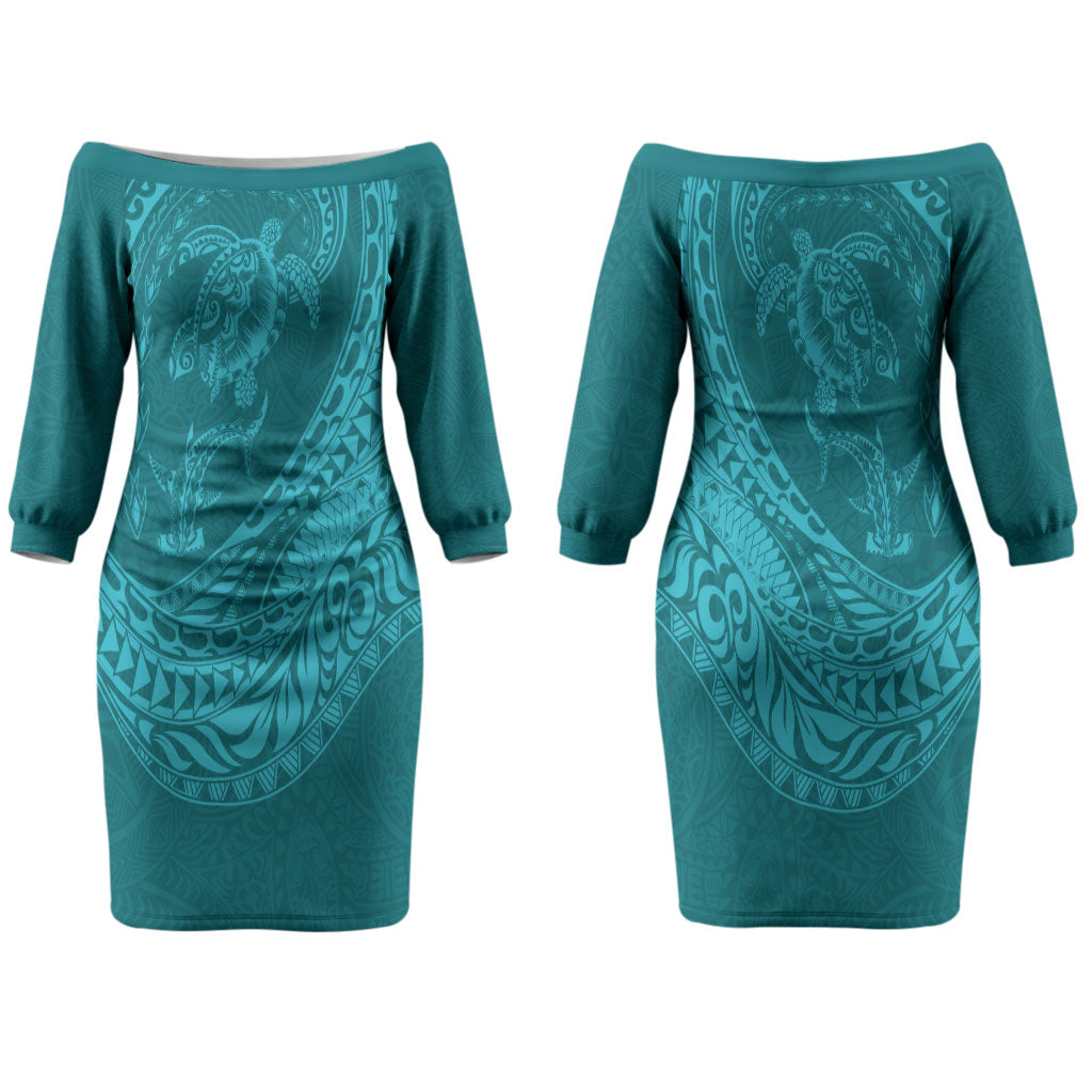 Hawaiian Turtle and Shark Couples Matching Off The Shoulder Long Sleeve Dress and Hawaiian Shirt Kakau Tribal with Polynesian Pattern Turquoise Color LT03 - Polynesian Pride