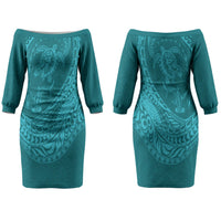 Hawaiian Turtle and Shark Couples Matching Off The Shoulder Long Sleeve Dress and Hawaiian Shirt Kakau Tribal with Polynesian Pattern Turquoise Color LT03 - Polynesian Pride
