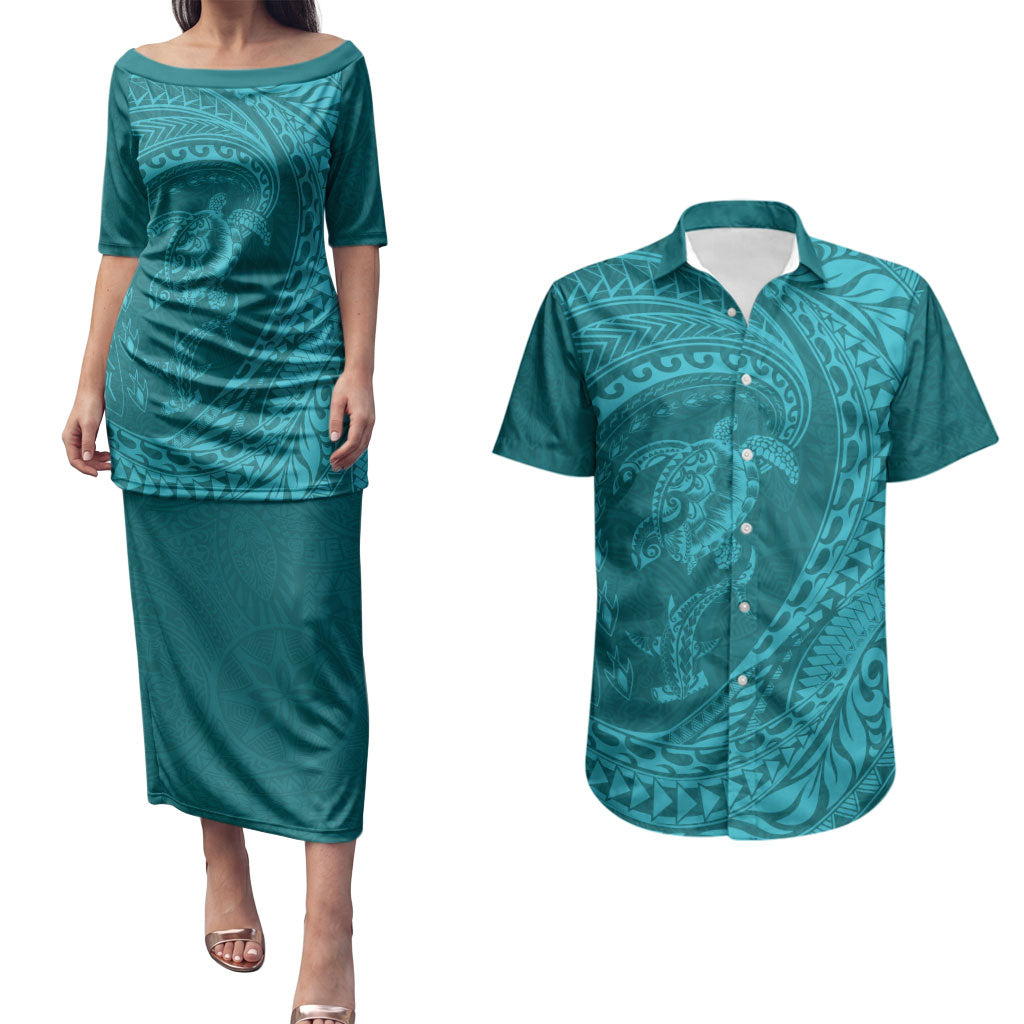 Hawaiian Turtle and Shark Couples Matching Puletasi and Hawaiian Shirt Kakau Tribal with Polynesian Pattern Turquoise Color LT03 Turquoise - Polynesian Pride