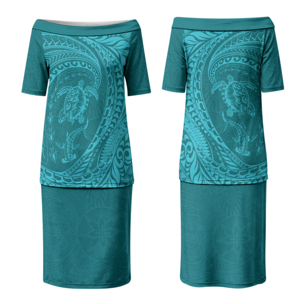 Hawaiian Turtle and Shark Couples Matching Puletasi and Hawaiian Shirt Kakau Tribal with Polynesian Pattern Turquoise Color LT03 - Polynesian Pride