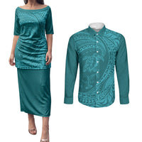 Hawaiian Turtle and Shark Couples Matching Puletasi and Long Sleeve Button Shirt Kakau Tribal with Polynesian Pattern Turquoise Color LT03 Turquoise - Polynesian Pride