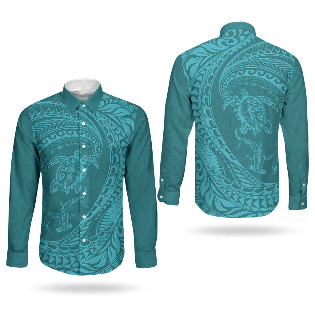Hawaiian Turtle and Shark Couples Matching Puletasi and Long Sleeve Button Shirt Kakau Tribal with Polynesian Pattern Turquoise Color LT03 - Polynesian Pride