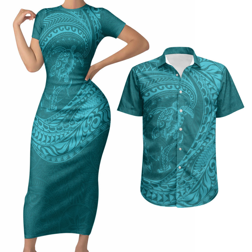 Hawaiian Turtle and Shark Couples Matching Short Sleeve Bodycon Dress and Hawaiian Shirt Kakau Tribal with Polynesian Pattern Turquoise Color LT03 Turquoise - Polynesian Pride