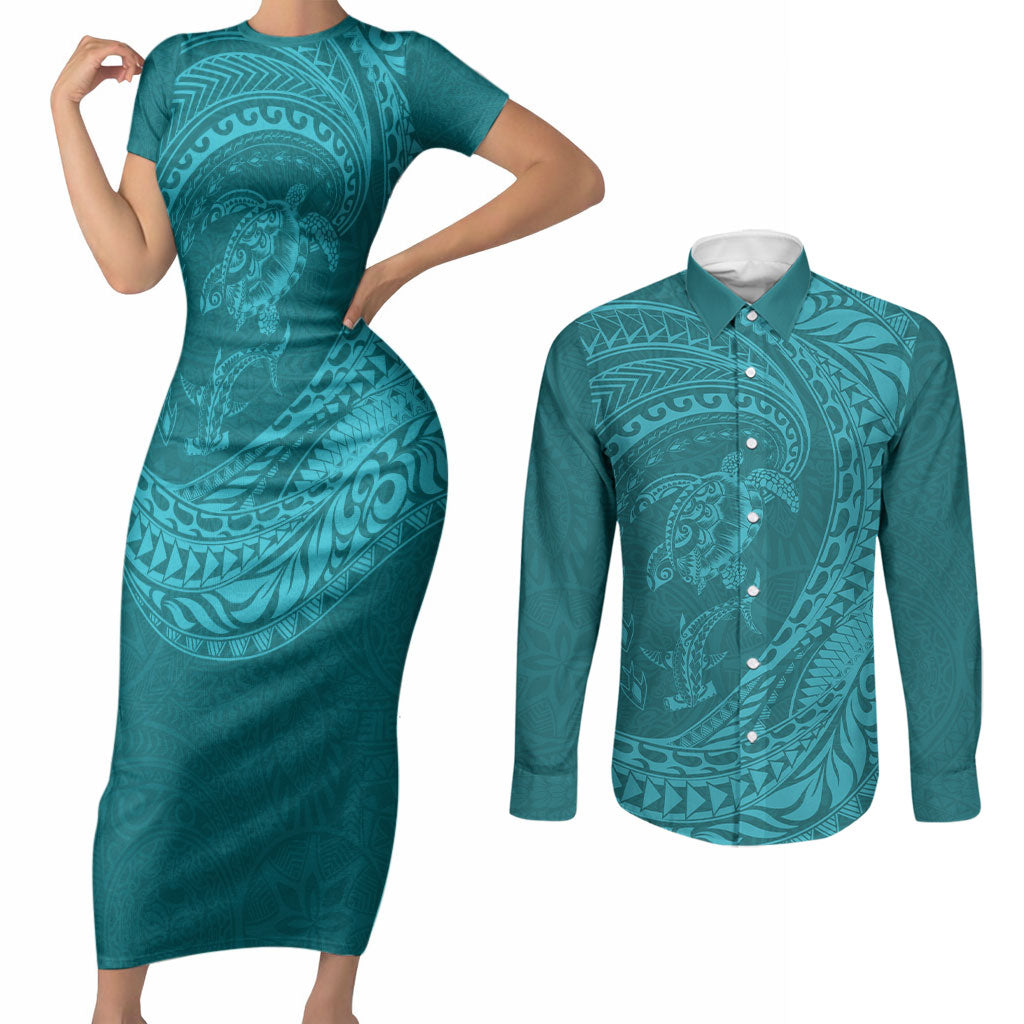 Hawaiian Turtle and Shark Couples Matching Short Sleeve Bodycon Dress and Long Sleeve Button Shirt Kakau Tribal with Polynesian Pattern Turquoise Color LT03 Turquoise - Polynesian Pride