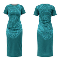 Hawaiian Turtle and Shark Couples Matching Short Sleeve Bodycon Dress and Long Sleeve Button Shirt Kakau Tribal with Polynesian Pattern Turquoise Color LT03 - Polynesian Pride