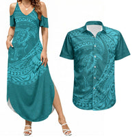 Hawaiian Turtle and Shark Couples Matching Summer Maxi Dress and Hawaiian Shirt Kakau Tribal with Polynesian Pattern Turquoise Color LT03 Turquoise - Polynesian Pride