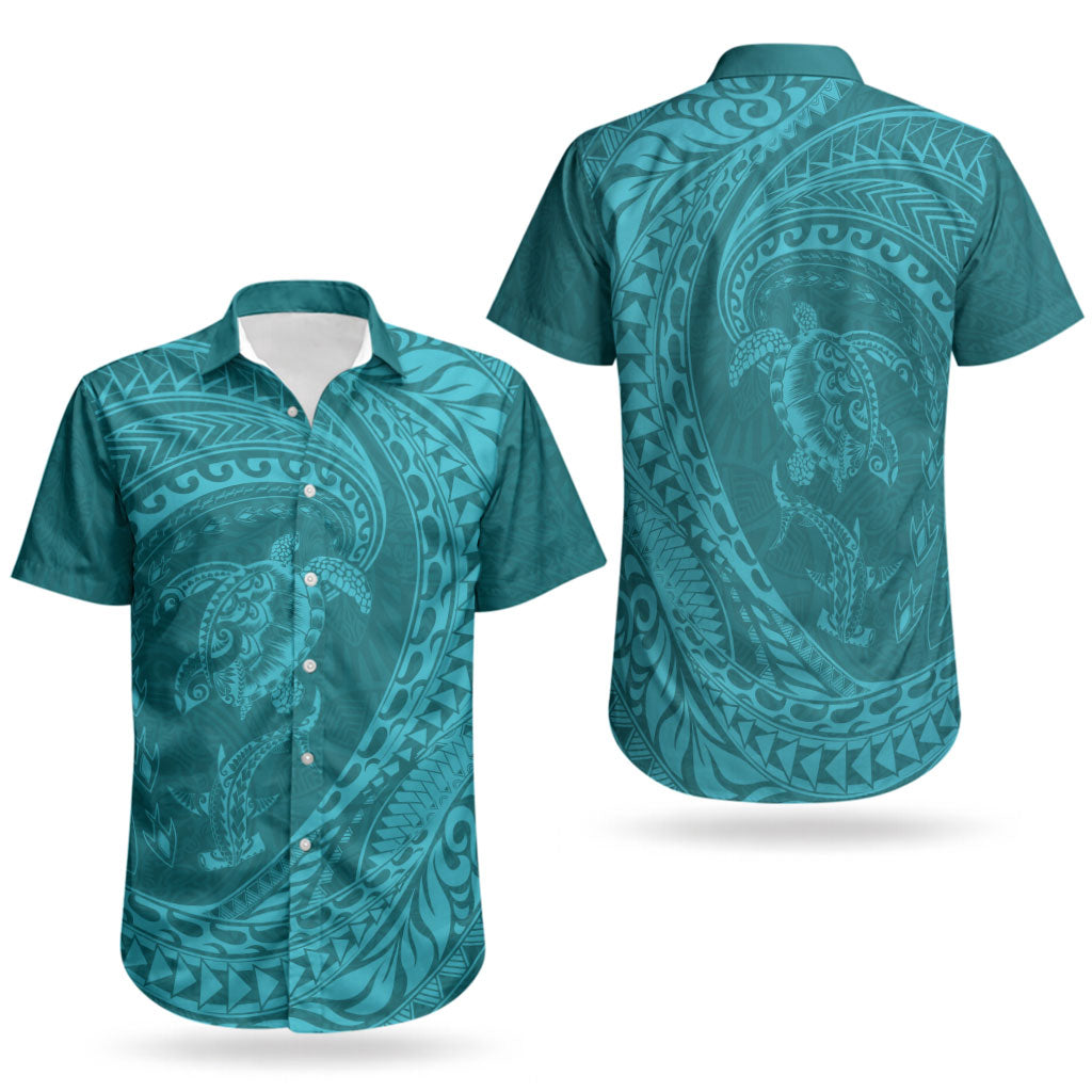 Hawaiian Turtle and Shark Couples Matching Summer Maxi Dress and Hawaiian Shirt Kakau Tribal with Polynesian Pattern Turquoise Color LT03 - Polynesian Pride