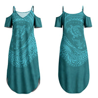 Hawaiian Turtle and Shark Couples Matching Summer Maxi Dress and Hawaiian Shirt Kakau Tribal with Polynesian Pattern Turquoise Color LT03 - Polynesian Pride