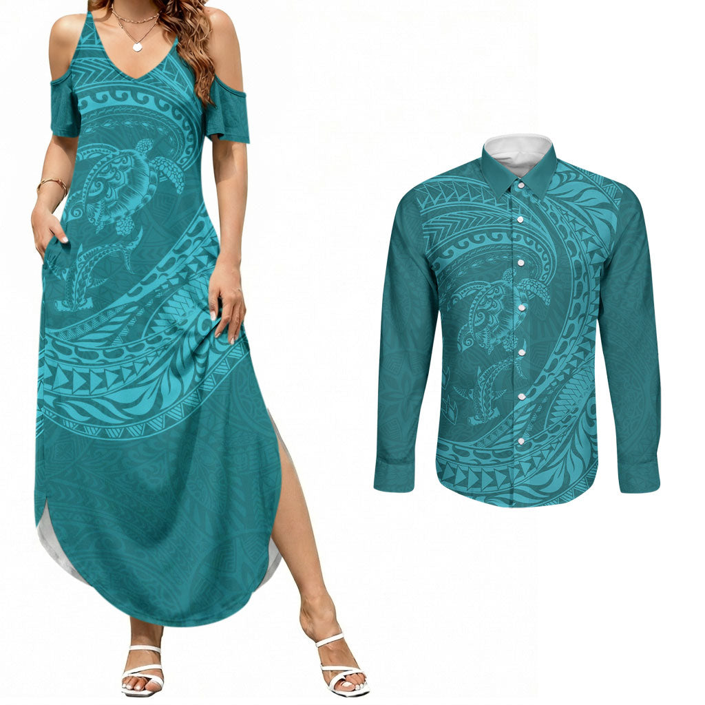 Hawaiian Turtle and Shark Couples Matching Summer Maxi Dress and Long Sleeve Button Shirt Kakau Tribal with Polynesian Pattern Turquoise Color LT03 Turquoise - Polynesian Pride