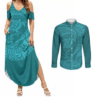 Hawaiian Turtle and Shark Couples Matching Summer Maxi Dress and Long Sleeve Button Shirt Kakau Tribal with Polynesian Pattern Turquoise Color LT03 Turquoise - Polynesian Pride