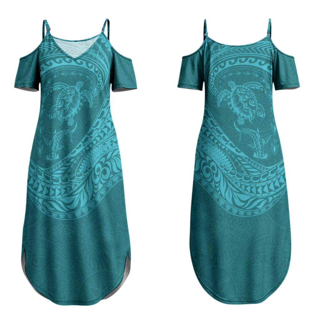Hawaiian Turtle and Shark Couples Matching Summer Maxi Dress and Long Sleeve Button Shirt Kakau Tribal with Polynesian Pattern Turquoise Color LT03 - Polynesian Pride