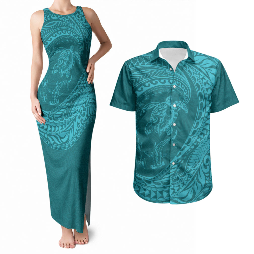Hawaiian Turtle and Shark Couples Matching Tank Maxi Dress and Hawaiian Shirt Kakau Tribal with Polynesian Pattern Turquoise Color LT03 Turquoise - Polynesian Pride
