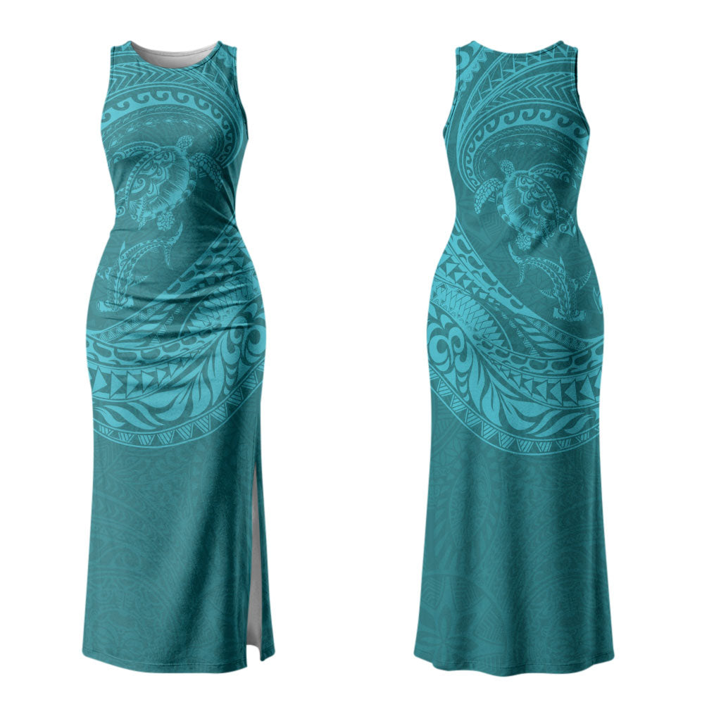Hawaiian Turtle and Shark Couples Matching Tank Maxi Dress and Hawaiian Shirt Kakau Tribal with Polynesian Pattern Turquoise Color LT03 - Polynesian Pride