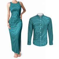 Hawaiian Turtle and Shark Couples Matching Tank Maxi Dress and Long Sleeve Button Shirt Kakau Tribal with Polynesian Pattern Turquoise Color LT03 Turquoise - Polynesian Pride