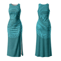 Hawaiian Turtle and Shark Couples Matching Tank Maxi Dress and Long Sleeve Button Shirt Kakau Tribal with Polynesian Pattern Turquoise Color LT03 - Polynesian Pride