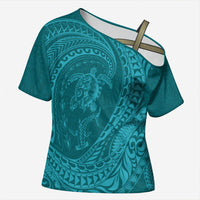 Hawaiian Turtle and Shark Cross Shoulder Shirt Kakau Tribal with Polynesian Pattern Turquoise Color LT03 Female Turquoise - Polynesian Pride