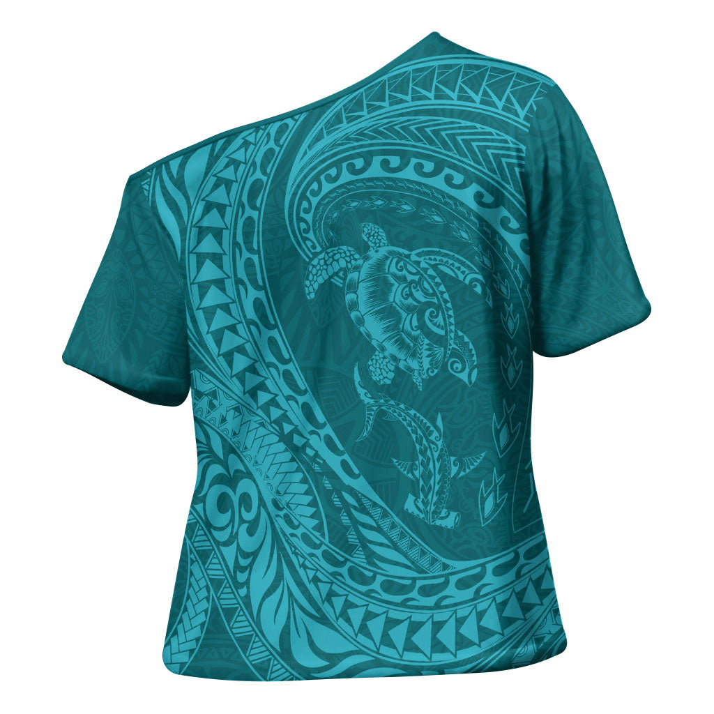 Hawaiian Turtle and Shark Cross Shoulder Shirt Kakau Tribal with Polynesian Pattern Turquoise Color LT03 - Polynesian Pride