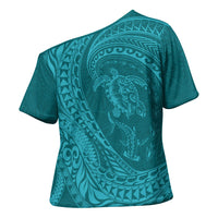 Hawaiian Turtle and Shark Cross Shoulder Shirt Kakau Tribal with Polynesian Pattern Turquoise Color LT03 - Polynesian Pride