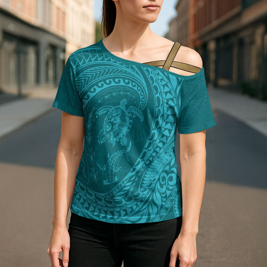 Hawaiian Turtle and Shark Cross Shoulder Shirt Kakau Tribal with Polynesian Pattern Turquoise Color LT03 - Polynesian Pride