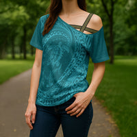 Hawaiian Turtle and Shark Cross Shoulder Shirt Kakau Tribal with Polynesian Pattern Turquoise Color LT03 - Polynesian Pride