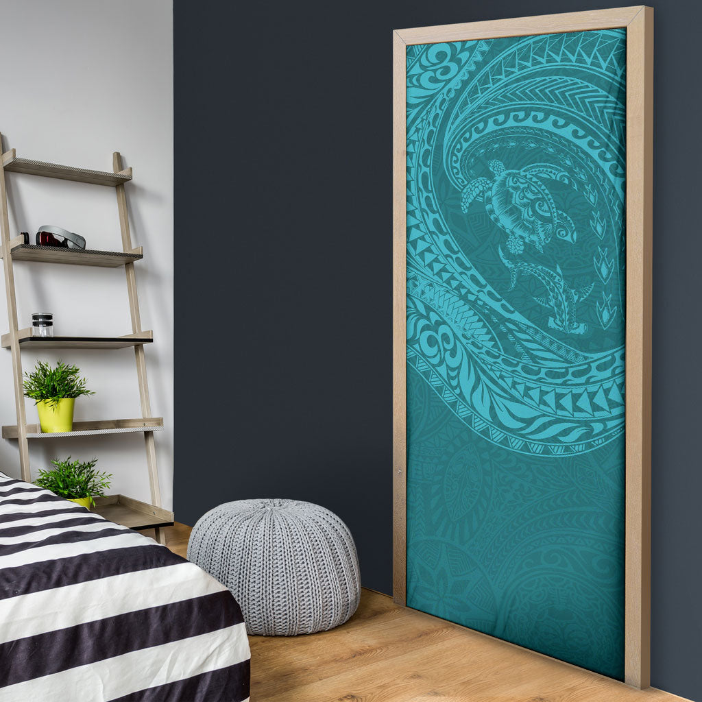 Hawaiian Turtle and Shark Door Cover Kakau Tribal with Polynesian Pattern Turquoise Color LT03 - Polynesian Pride