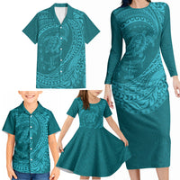 Hawaiian Turtle and Shark Family Matching Long Sleeve Bodycon Dress and Hawaiian Shirt Kakau Tribal with Polynesian Pattern Turquoise Color LT03 - Polynesian Pride