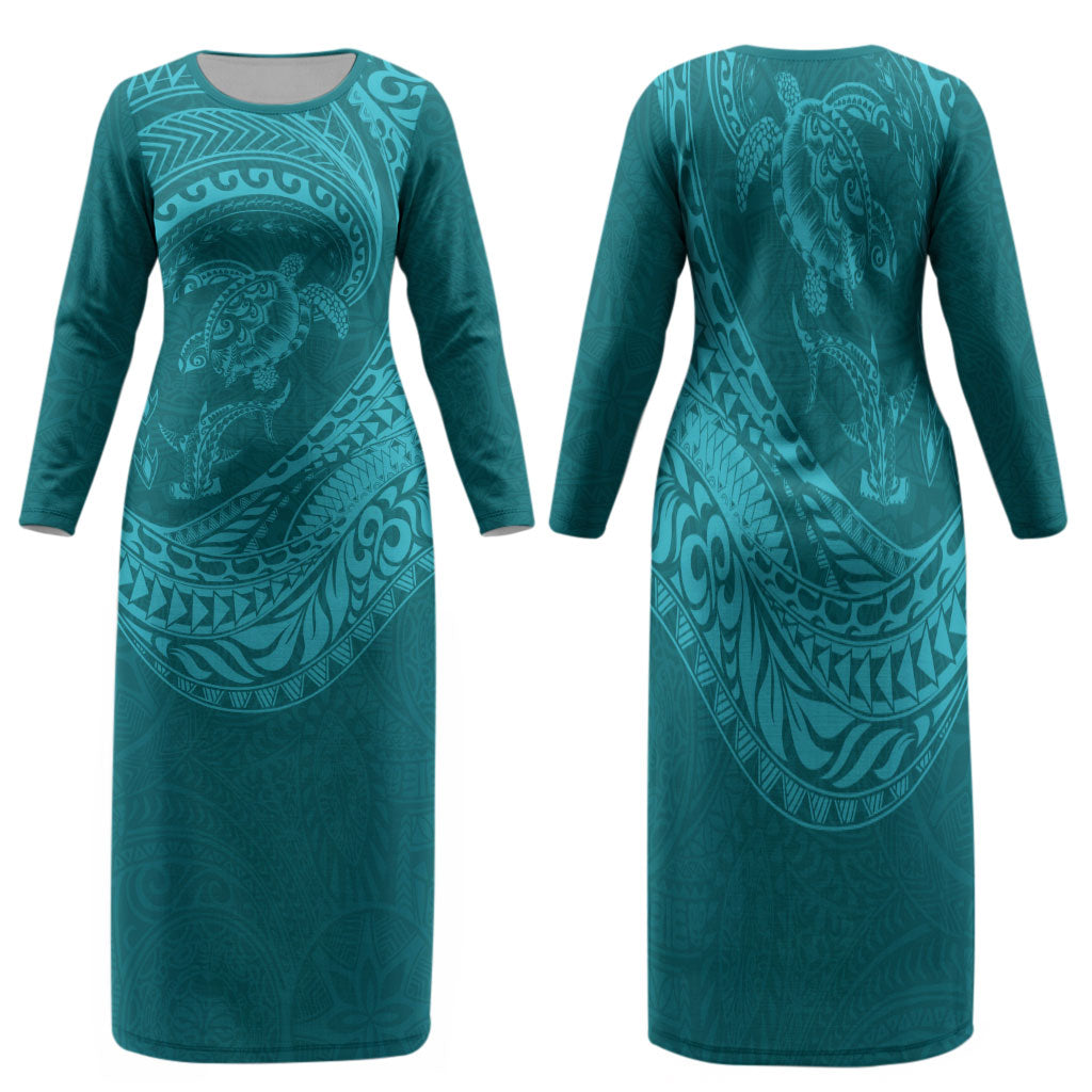 Hawaiian Turtle and Shark Family Matching Long Sleeve Bodycon Dress and Hawaiian Shirt Kakau Tribal with Polynesian Pattern Turquoise Color LT03 Mom's Dress Turquoise - Polynesian Pride