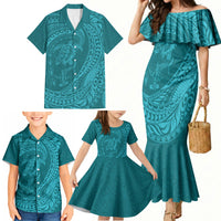 Hawaiian Turtle and Shark Family Matching Mermaid Dress and Hawaiian Shirt Kakau Tribal with Polynesian Pattern Turquoise Color LT03 - Polynesian Pride