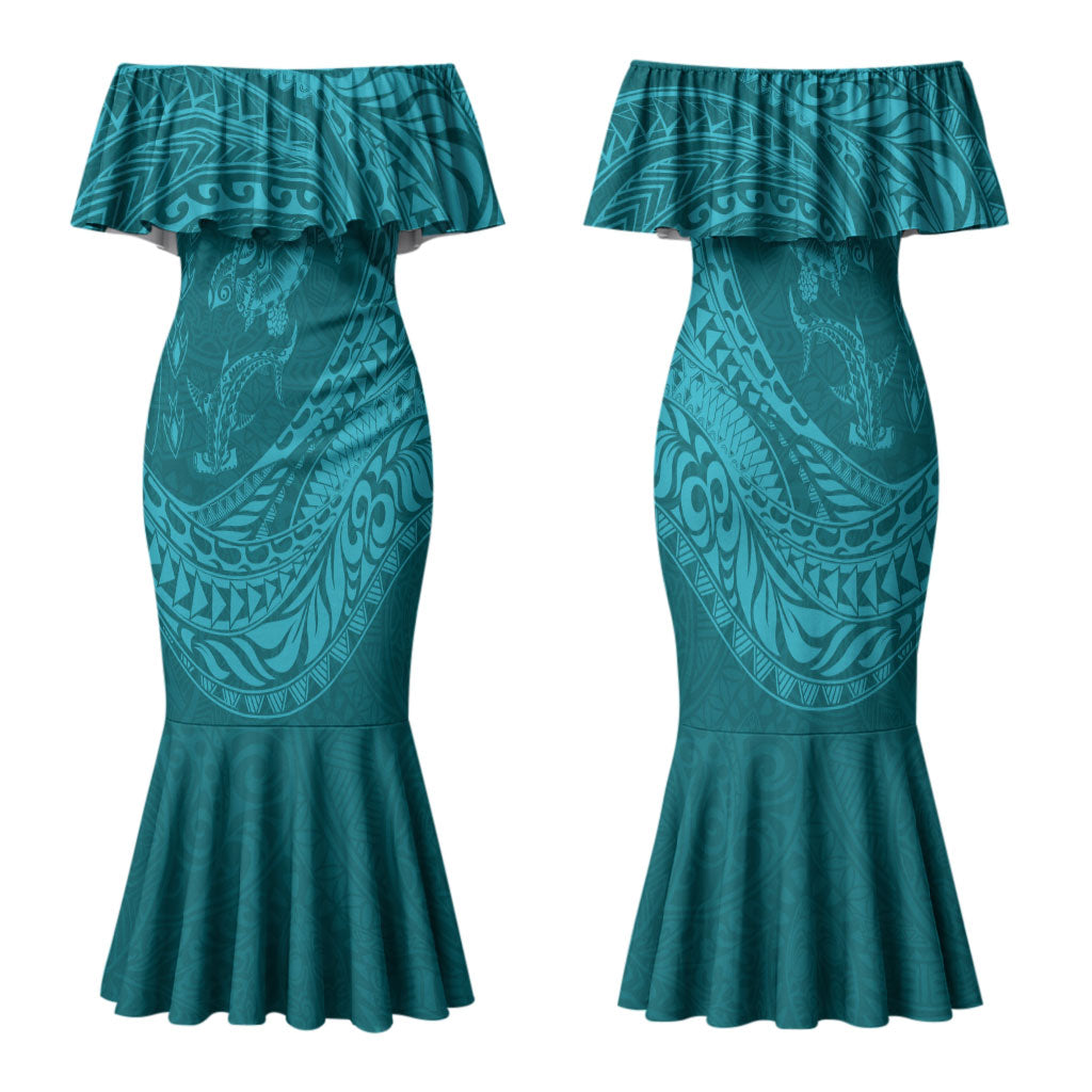 Hawaiian Turtle and Shark Family Matching Mermaid Dress and Hawaiian Shirt Kakau Tribal with Polynesian Pattern Turquoise Color LT03 Mom's Dress Turquoise - Polynesian Pride