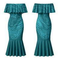 Hawaiian Turtle and Shark Family Matching Mermaid Dress and Hawaiian Shirt Kakau Tribal with Polynesian Pattern Turquoise Color LT03 Mom's Dress Turquoise - Polynesian Pride