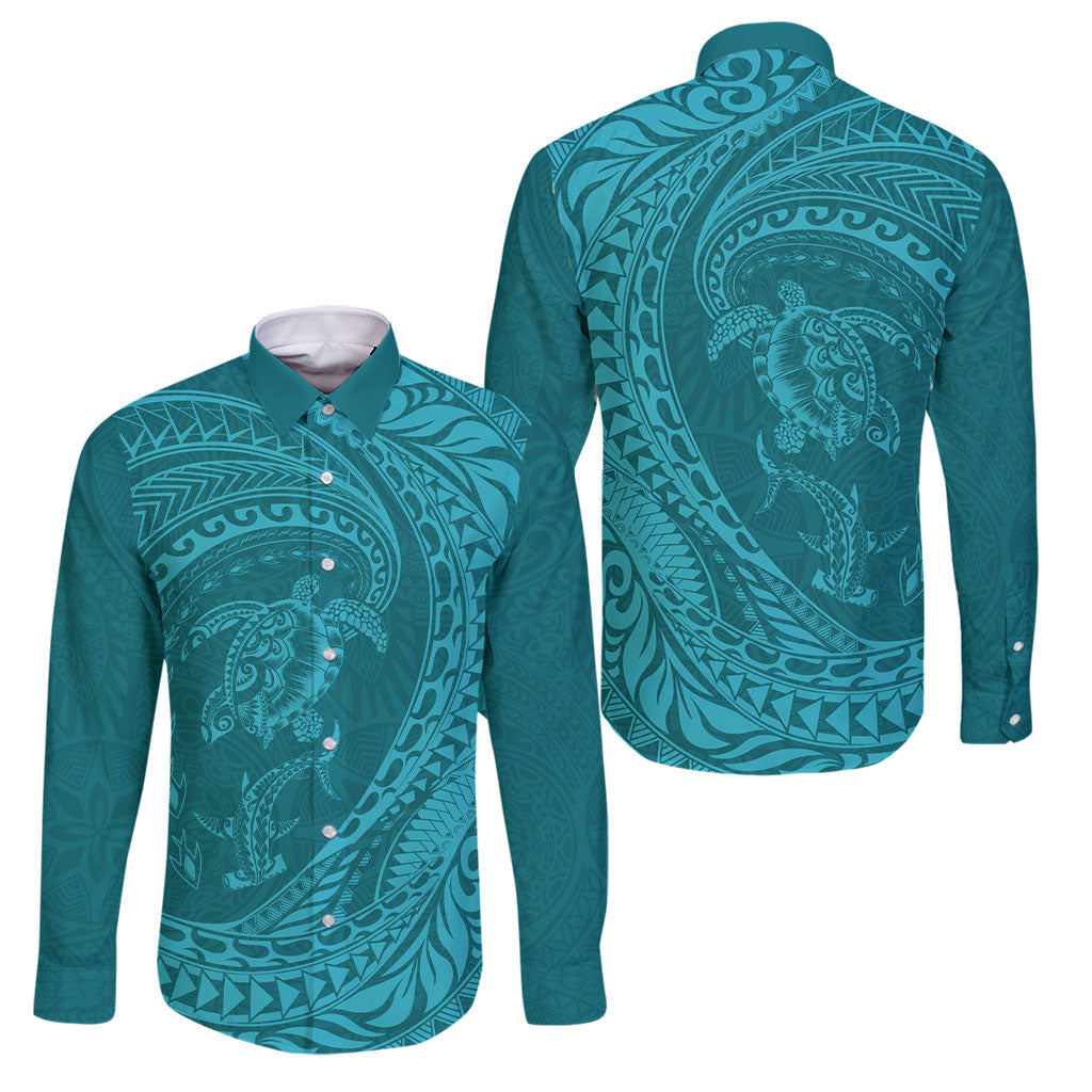 Hawaiian Turtle and Shark Family Matching Mermaid Dress and Hawaiian Shirt Kakau Tribal with Polynesian Pattern Turquoise Color LT03 Dad's Shirt - Long Sleeve Turquoise - Polynesian Pride