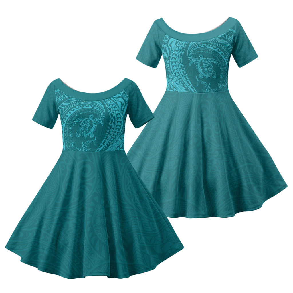 Hawaiian Turtle and Shark Family Matching Mermaid Dress and Hawaiian Shirt Kakau Tribal with Polynesian Pattern Turquoise Color LT03 Daughter's Dress Turquoise - Polynesian Pride