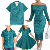 Hawaiian Turtle and Shark Family Matching Off The Shoulder Long Sleeve Dress and Hawaiian Shirt Kakau Tribal with Polynesian Pattern Turquoise Color LT03 - Polynesian Pride