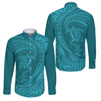 Hawaiian Turtle and Shark Family Matching Off The Shoulder Long Sleeve Dress and Hawaiian Shirt Kakau Tribal with Polynesian Pattern Turquoise Color LT03 Dad's Shirt - Long Sleeve Turquoise - Polynesian Pride