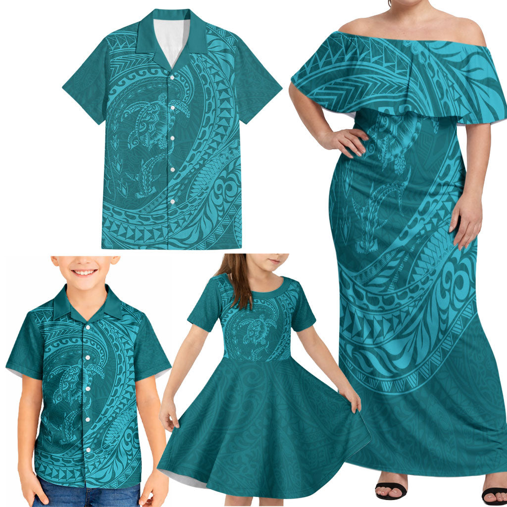 Hawaiian Turtle and Shark Family Matching Off Shoulder Maxi Dress and Hawaiian Shirt Kakau Tribal with Polynesian Pattern Turquoise Color LT03 - Polynesian Pride