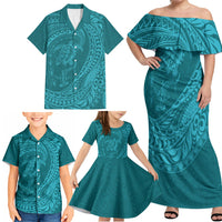 Hawaiian Turtle and Shark Family Matching Off Shoulder Maxi Dress and Hawaiian Shirt Kakau Tribal with Polynesian Pattern Turquoise Color LT03 - Polynesian Pride