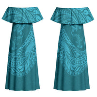 Hawaiian Turtle and Shark Family Matching Off Shoulder Maxi Dress and Hawaiian Shirt Kakau Tribal with Polynesian Pattern Turquoise Color LT03 Mom's Dress Turquoise - Polynesian Pride