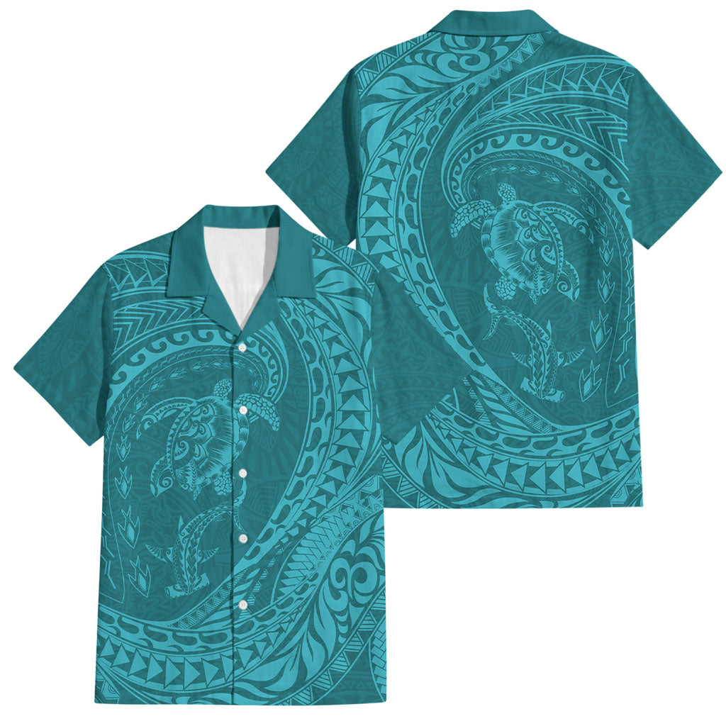 Hawaiian Turtle and Shark Family Matching Off Shoulder Maxi Dress and Hawaiian Shirt Kakau Tribal with Polynesian Pattern Turquoise Color LT03 Dad's Shirt - Short Sleeve Turquoise - Polynesian Pride
