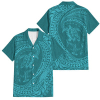 Hawaiian Turtle and Shark Family Matching Off Shoulder Short Dress and Hawaiian Shirt Kakau Tribal with Polynesian Pattern Turquoise Color LT03 Dad's Shirt - Short Sleeve Turquoise - Polynesian Pride